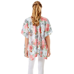 Light Blue Garden Rose Flower Printed Cover Up Poncho Kimono Poncho, These Poncho featuring a rose flower printed design prints easy to pair with so many tops. Lightweight and Breathable Fabric, Comfortable to Wear. Suitable for Weekend, Work, Holiday, Beach, Party, Club, Night, Evening, Date, Casual and Other Occasions in Spring, Summer and Autumn.