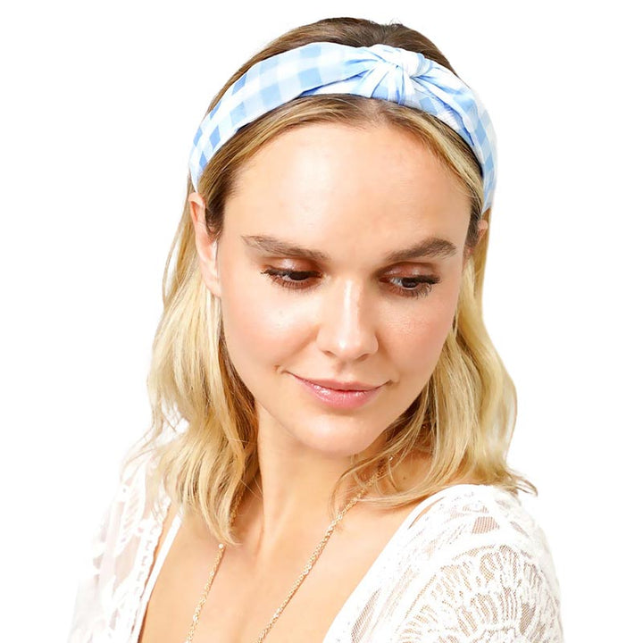 Light Blue Gingham Check Patterned Burnout Knot Headband, create a natural & beautiful look while perfectly matching your color with the easy-to-use check patterned knot headband. Push your hair back and spice up any plain outfit with this knot check-patterned headband! Be the ultimate trendsetter & be prepared to receive compliments wearing this chic headband with all your stylish outfits!