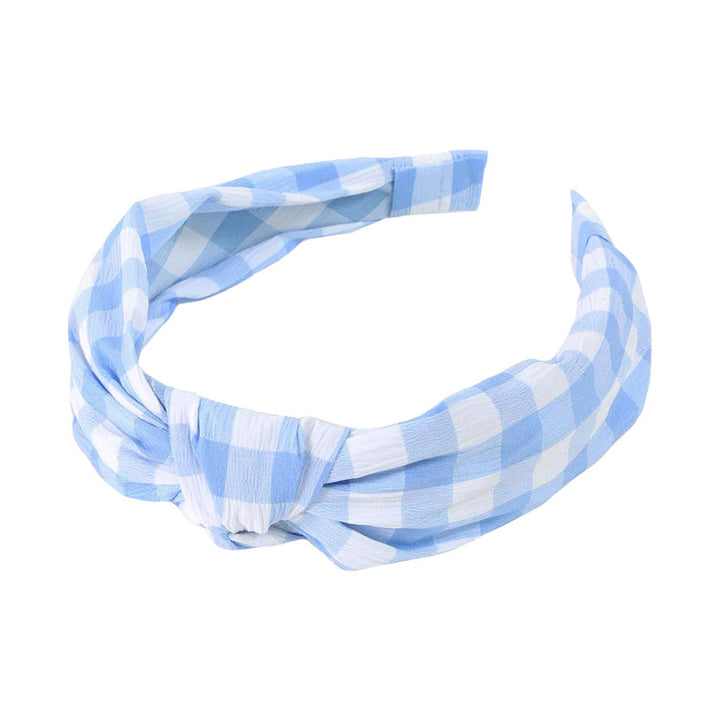 Light Blue Gingham Check Patterned Burnout Knot Headband, create a natural & beautiful look while perfectly matching your color with the easy-to-use check patterned knot headband. Push your hair back and spice up any plain outfit with this knot check-patterned headband! Be the ultimate trendsetter & be prepared to receive compliments wearing this chic headband with all your stylish outfits!