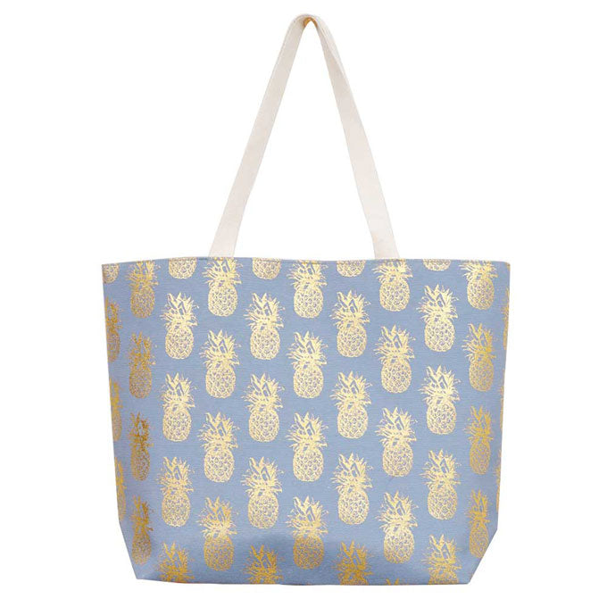 Light Blue Metallic Pineapple Patterned Beach Tote Bag, Whether you are out shopping, going to the pool or beach, this Pineapple patterned print tote bag is the perfect accessory. Perfectly lightweight to carry around all day. Spacious enough for carrying any and all of your seaside essentials. The soft straps really helps carrying this tie due shoulder bag comfortably. Perfect Birthday Gift, Anniversary Gift, Mother's Day Gift, Vacation Getaway or Any Other Events.