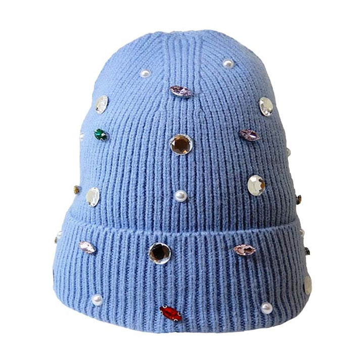 Light Blue Pearl Jewel Embellished Fleece Lining Knit Beanie Hat, wear this beautiful beanie hat with any ensemble for the perfect finish before running out the door into the cool air. The hat is made in a unique style and it's richly warm and comfortable for winter and cold days. It perfectly meets your chosen goal. An awesome winter gift accessory and the perfect gift item for Birthdays, Christmas, Stocking stuffers, Secret Santa, holidays, anniversaries, Valentine's Day, etc. Stay warm & trendy!