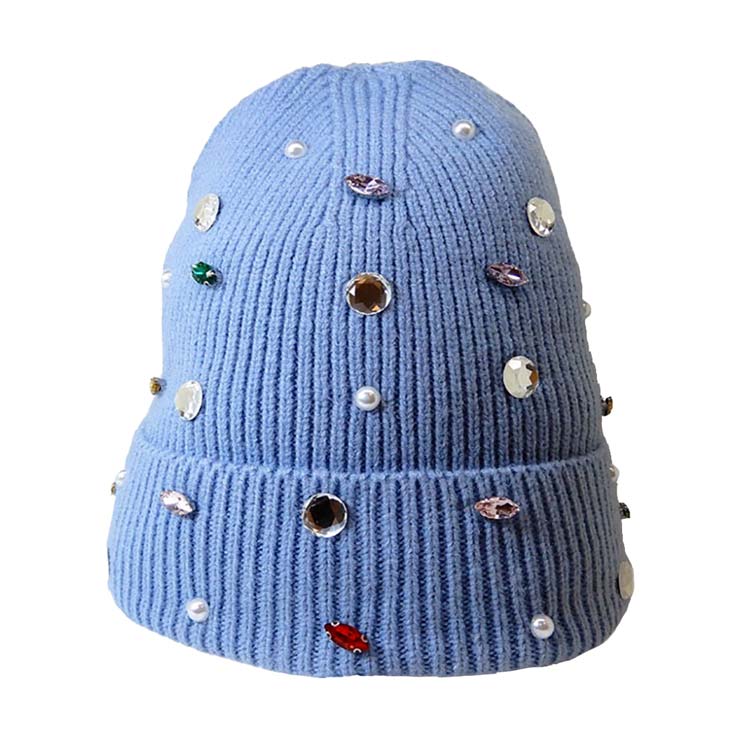 Light Blue Pearl Jewel Embellished Fleece Lining Knit Beanie Hat, wear this beautiful beanie hat with any ensemble for the perfect finish before running out the door into the cool air. The hat is made in a unique style and it's richly warm and comfortable for winter and cold days. It perfectly meets your chosen goal. An awesome winter gift accessory and the perfect gift item for Birthdays, Christmas, Stocking stuffers, Secret Santa, holidays, anniversaries, Valentine's Day, etc. Stay warm & trendy!