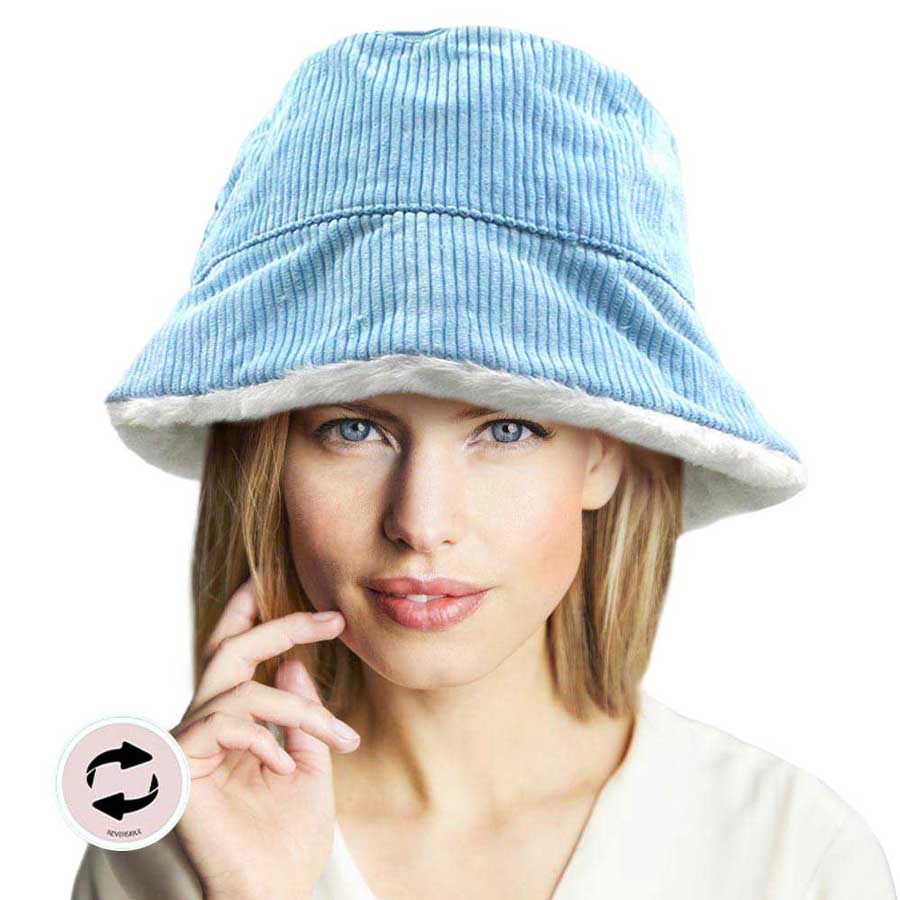 Light Blue Reversible Corduroy Soft Faux Fur Bucket Hat. Show your trendy side with this chic animal print hat. Have fun and look Stylish. Great for covering up when you are having a bad hair day, perfect for protecting you from the sun, rain, wind, snow, beach, pool, camping or any outdoor activities.