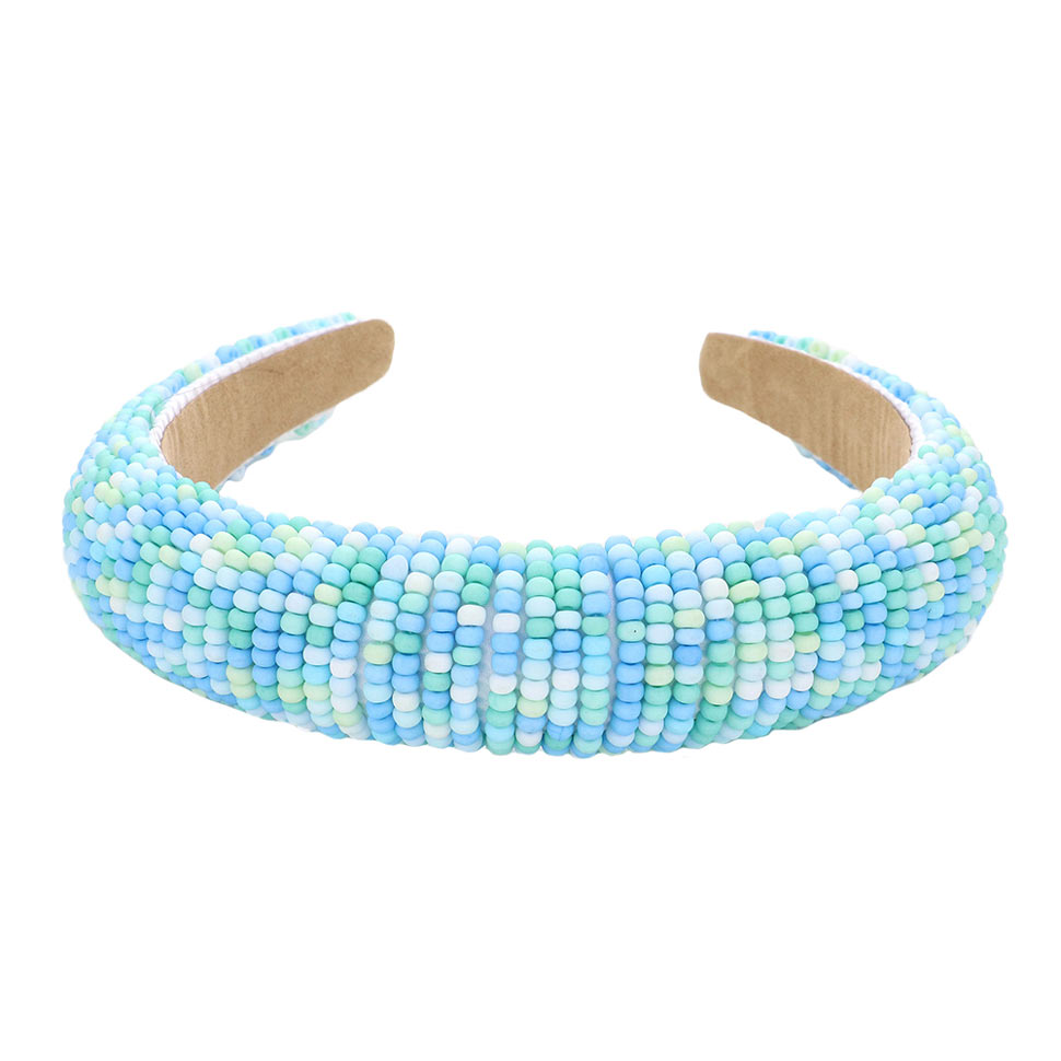 Light Blue Seed Beaded Padded Headband, create a natural & beautiful look while perfectly matching your color with the easy-to-use padded headband. Push your hair back and spice up any plain outfit with this seed-beaded headband! Be the ultimate trendsetter & be prepared to receive compliments wearing this chic headband with all your stylish outfits! Add a super neat and trendy knot to any boring style.