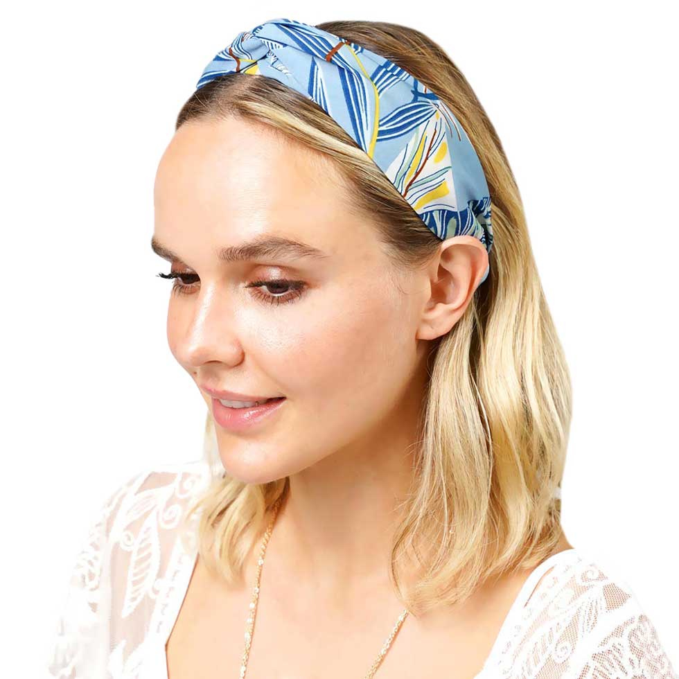 Light Blue Tropical Leaf Patterned Twisted Headband, create a natural & beautiful look while perfectly matching your color with the easy-to-use leaf-twisted headband. Push your hair back and spice up any plain outfit with this tropical leaf patterned headband! Be the ultimate trendsetter & be prepared to receive compliments wearing this chic headband with all your stylish outfits! 