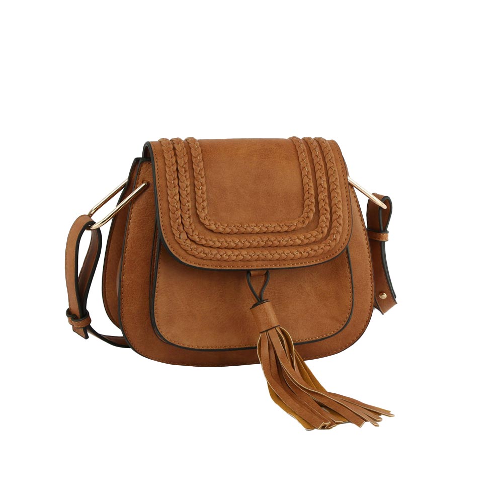 Light Brown Vegan Leather Satchel Crossbody Bag with Fringe Detail, This fringe detail crossbody bag is an absolute must-have accessory! It is a stunning satchel with different colors including a hanging tassel, braided details, a zipper pocket inside, and adjustable straps. An absolutely supportive bag for carrying handy items and daily accessories, country and Western!
