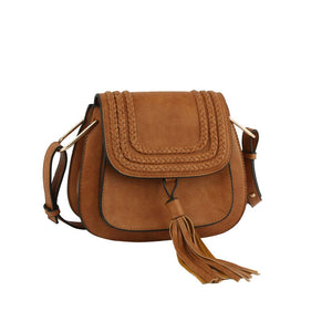 Light Brown Vegan Leather Satchel Crossbody Bag with Fringe Detail, This fringe detail crossbody bag is an absolute must-have accessory! It is a stunning satchel with different colors including a hanging tassel, braided details, a zipper pocket inside, and adjustable straps. An absolutely supportive bag for carrying handy items and daily accessories, country and Western!