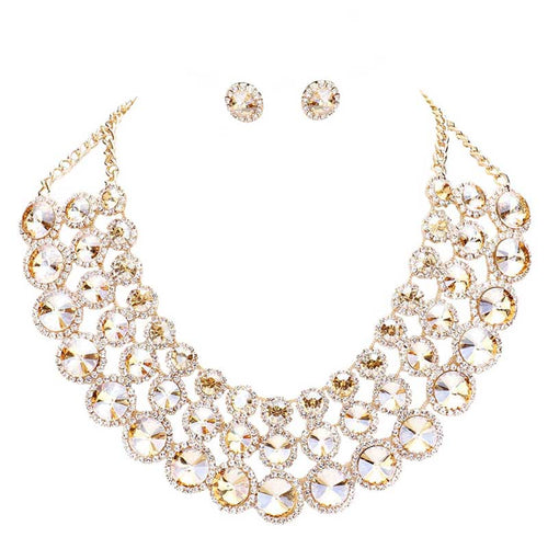 Crystal Pave Trim Round Evening Necklace Earring Set - LightColTopaz