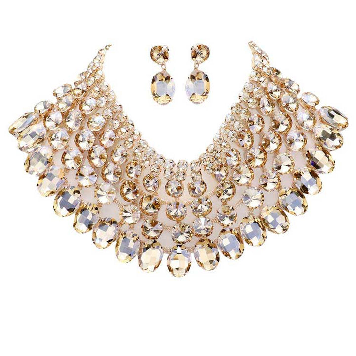 Light Col Topaz Crystal Glass Bib Statement Necklace, designed to accent the neckline, oversized crystals dangle earrings, which are a perfect way to add sparkle to everything, showing off your elegance. Wear together or separate according to your event, versatile enough for wearing straight through the week, perfectly lightweight for all-day wear, coordinate with any ensemble from business casual to everyday wear, the perfect addition to every outfit. Adds a touch of beautiful inspired beauty to your look.