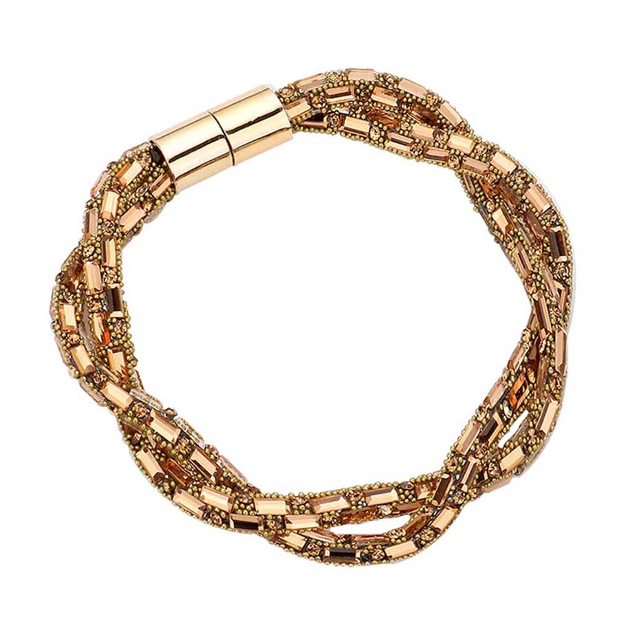 Light Col Topaz  Stone Embellished Twisted Magnetic Bracelet, Glam up your look with this Magnetic bracelet. Make your vibe extra sparkly with this eye-catching arm candy. The magnet clasp keeps the bracelet secure on your wrist and makes it easy to wear and take off. This wide Twisted- style bracelet works well as a statement jewelry piece. Awesome gift for birthday, Anniversary, Valentine’s Day or any special occasion.