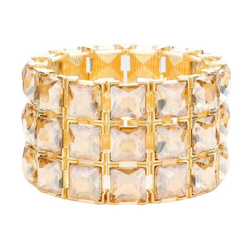 Light Col Topaz 3Rows Square Stone Stretch Evening Bracelet, Get ready with this stretchable Bracelet and put on a pop of color to complete your ensemble. Perfect for adding just the right amount of shimmer & shine and a touch of class to special events. Wear with different outfits to add perfect luxe and class with incomparable beauty. Just what you need to update in your wardrobe.