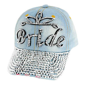 Light Denim Bride Bling destroyed denim baseball cap, Fun cool Baseball Cap perfect for the bride who is in Charge! Perfect for walks in sun or rain, great for a bad hair day. Soft textured, embroidered message and distressed contrast stitching baseball cap with fun statement will become your favorite cap.