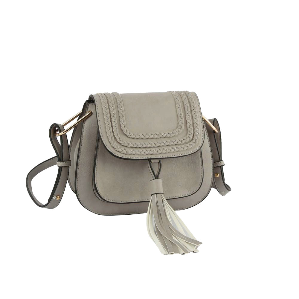 Light Gray Vegan Leather Satchel Crossbody Bag with Fringe Detail, This fringe detail crossbody bag is an absolute must-have accessory! It is a stunning satchel with different colors including a hanging tassel, braided details, a zipper pocket inside, and adjustable straps. An absolutely supportive bag for carrying handy items and daily accessories, country and Western!