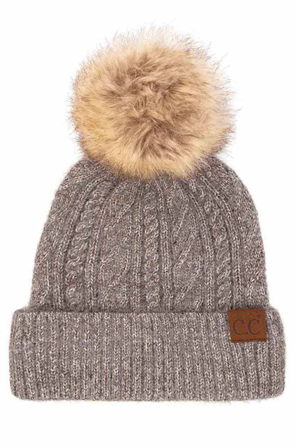 Light Grey C.C Woven Cable Stitch Cuff Beanie With Soft Color Fur Pom, wear this beautiful Beanie Hat while going outdoor and keep yourself warm and stylish. The color variation makes the Hat suitable for everyone's choice. It feels cozy and a perfect match with any type of outfit. It's a perfect winter gift accessory for birthdays, Christmas, stocking stuffers, secret Santa, holidays, anniversaries.