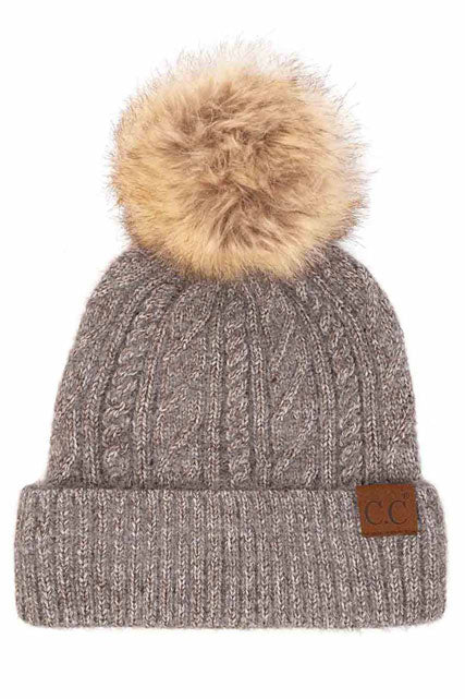 Light Grey C.C Woven Cable Stitch Cuff Beanie With Soft Color Fur Pom, wear this beautiful Beanie Hat while going outdoor and keep yourself warm and stylish. The color variation makes the Hat suitable for everyone's choice. It feels cozy and a perfect match with any type of outfit. It's a perfect winter gift accessory for birthdays, Christmas, stocking stuffers, secret Santa, holidays, anniversaries.
