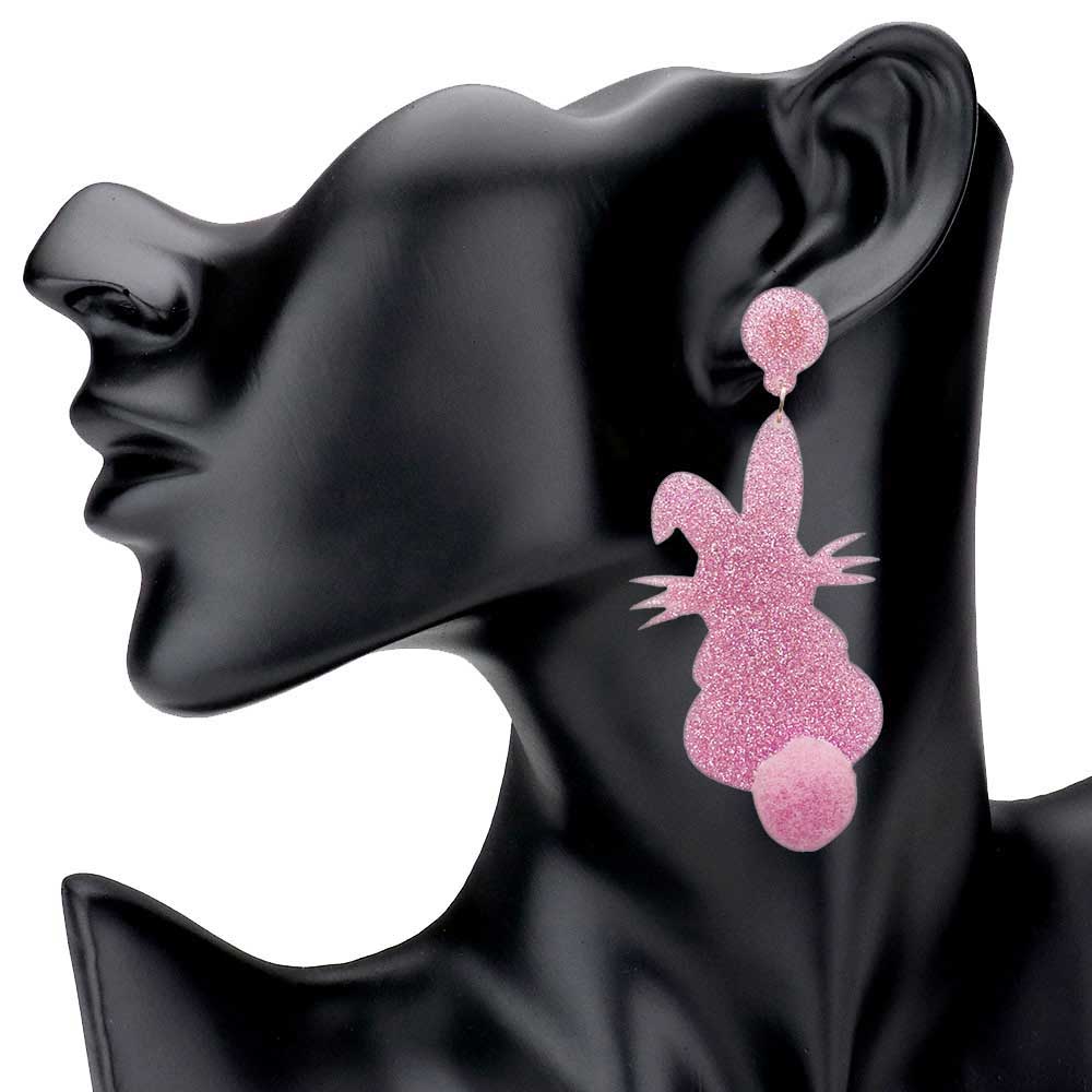 Light Pink Glittered Resin Easter Bunny Pom Pom Tail Dangle Earrings, perfect for the festive season, embrace the Easter spirit with these cute pom pom tail earrings, these adorable dainty gift earrings are bound to cause a smile or two. Surprise your loved ones on this Easter Sunday occasion, great gift idea for Wife, Mom, or your Loving One.