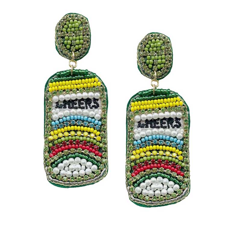 Lime CHEERS Felt Back Pearl Stone Seed Beaded Beer Dangle Earring, Seed Beaded Dangle earrings fun handcrafted jewelry that fits your lifestyle, adding a pop of pretty color. Enhance your attire with these vibrant artisanal earrings to show off your fun trendsetting style. Suitable for Bachelorette Party, Statement Earrings, fun night Out, Birthday Party or any events. 