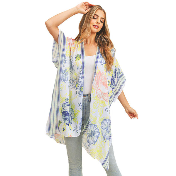 Lime Multi Flower Patterned Cover Up Kimono Poncho, Luxurious, trendy, super soft chic capelet, keeps you warm and toasty. You can throw it on over so many pieces elevating any casual outfit! Perfect Gift for Wife, Birthday, Holiday, Christmas, Anniversary, Fun Night Out, Valentine's Day Gift.