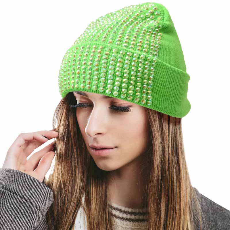 Lime Single Sided Studded Knit Beanie Hat, The beanie hat is made of soft, gentle, skin-friendly, and elastic fabric, which is very comfortable to wear. This Single Sided design is embellished with a shimmering Studded for the ultimate glam look! It provides warmth to your head and ears, protects you from the wind, chill & cold weather, and becomes your ideal companion in autumn and winter. Suitable for wearing for a variety of outdoor activities.