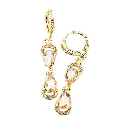 Double Teardrop Stone Link Dangle Lever Back Evening Earrings - LtColTopaz