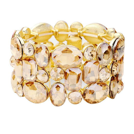 Lt Col Topaz Glass Crystal Stretch Evening Bracelet. This Evening Bracelet sparkles all around with it's surrounding round stones, stylish evening bracelet that is easy to put on, take off and comfortable to wear. It looks stylish and is just the right touch to set off your dress. Suitable for Night Out, Party, Formal, Special Occasion, Date Night, Prom.
