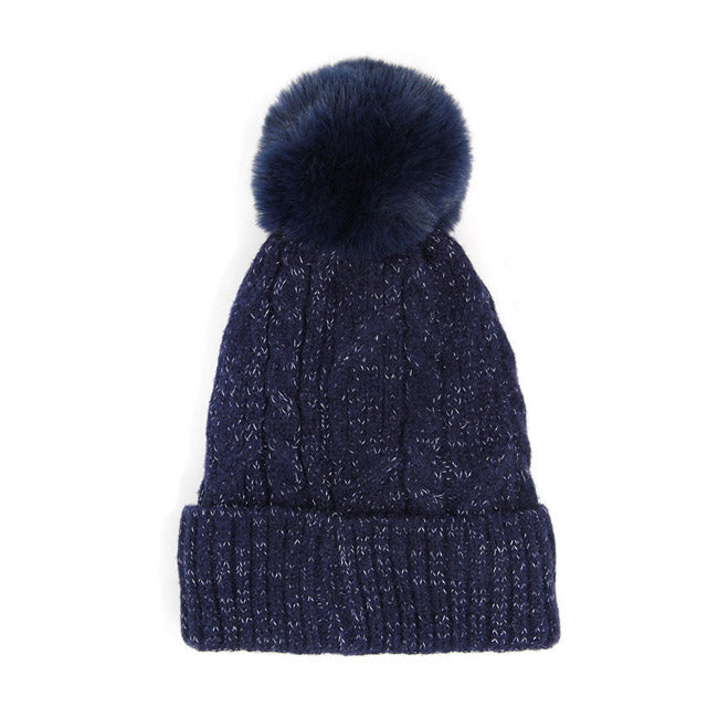 Navy Lurex Accented Solid Cable Knitted Pom Pom Beanie Hat Beanie Winter Hat, warm & cozy, this winter hat adds a glitzy sparkle to your wardrobe on windy chilly days. Classic, trendy chic easy to match your ensemble. Perfect Birthday Gift, Christmas Gift, Stocking Stuffers, Anniversary Gift, Valentine’s Day Gift, Loved One