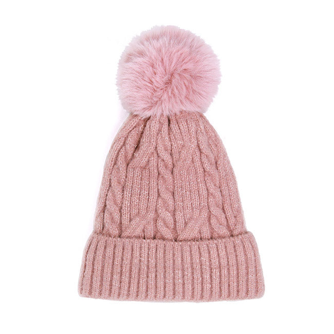 Pink Lurex Accented Solid Cable Knitted Pom Pom Beanie Hat Beanie Winter Hat, warm & cozy, this winter hat adds a glitzy sparkle to your wardrobe on windy chilly days. Classic, trendy chic easy to match your ensemble. Perfect Birthday Gift, Christmas Gift, Stocking Stuffers, Anniversary Gift, Valentine’s Day Gift, Loved One