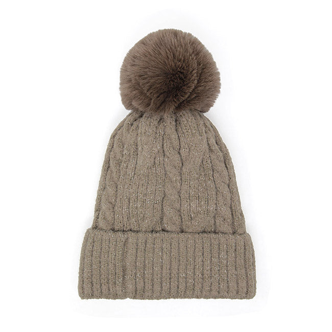 Taupe Lurex Accented Solid Cable Knitted Pom Pom Beanie Hat Beanie Winter Hat, warm & cozy, this winter hat adds a glitzy sparkle to your wardrobe on windy chilly days. Classic, trendy chic easy to match your ensemble. Perfect Birthday Gift, Christmas Gift, Stocking Stuffers, Anniversary Gift, Valentine’s Day Gift, Loved One