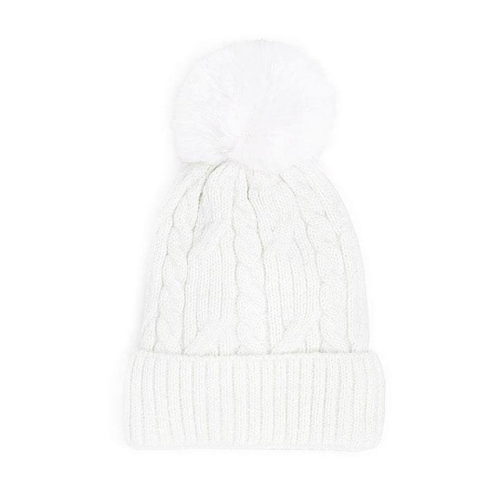 White Lurex Accented Solid Cable Knitted Pom Pom Beanie Hat Beanie Winter Hat, warm & cozy, this winter hat adds a glitzy sparkle to your wardrobe on windy chilly days. Classic, trendy chic easy to match your ensemble. Perfect Birthday Gift, Christmas Gift, Stocking Stuffers, Anniversary Gift, Valentine’s Day Gift, Loved One