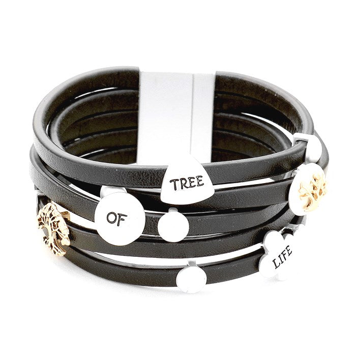 Inspirational Message Multi Strand Bracelet ideal gift for the loved one in your life, "Tree of Life" is a symbol of a fresh start on life, positive energy, good health and a bright future.  Multi Strand with Metal Charms Bracelet available in a Black and Brown Charms: Engraved Tree Of Life Charm, Tree Size : 1.5" H, 7.5" L  Magnetic Closure