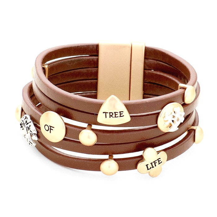 Inspirational Message Multi Strand Bracelet ideal gift for the loved one in your life, "Tree of Life" is a symbol of a fresh start on life, positive energy, good health and a bright future.  Multi Strand with Metal Charms Bracelet available in a Black and Brown Charms: Engraved Tree Of Life Charm, Tree Size : 1.5" H, 7.5" L  Magnetic Closure