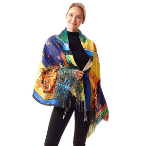 Multi Cafe Terrace at Night by Vincent Van Gogh Painting Printed Scarf. Painting Printed Colorful Pattern Stylish Fringe Poncho Outwear Ruana Shawl Cape, the perfect accessory, luxurious, trendy, super soft chic capelet, keeps you warm and toasty. You can throw it on over so many pieces elevating any casual outfit! Perfect Gift for Wife, Mom, Birthday, Holiday, Christmas, Anniversary, Fun Night Out