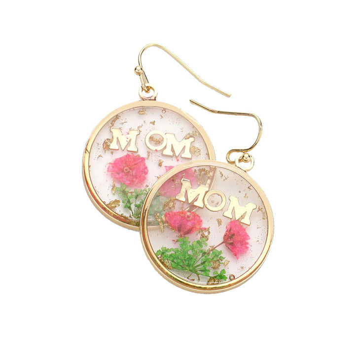 Pink Pressed Flower Earrings, MOM Pressed Flower Clear Lucite Round Earring, delicately sweet adds a touch of nature-inspired beauty to your look. Show mom how much you love her, coordinates with any ensemble, the perfect addition to every outfit. Perfect Birthday Gift, Mother's Day Gift, Anniversary Gift, Thank you Gift, Just Because Gift