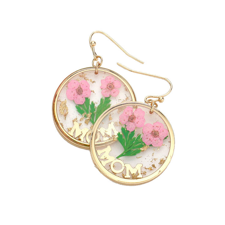 Pink Pressed Flower Earrings, MOM Pressed Flower Clear Lucite Round Earring, delicately sweet adds a touch of nature-inspired beauty to your look. Show mom how much you love her, coordinates with any ensemble, the perfect addition to every outfit. Perfect Birthday Gift, Mother's Day Gift, Anniversary Gift, Thank you Gift, Just Because Gift