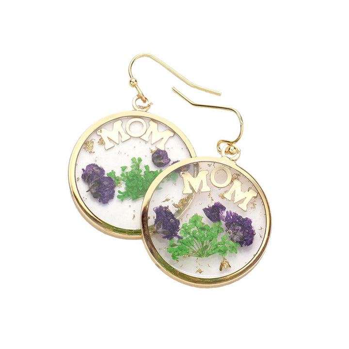 Purple Pressed Flower Earrings, MOM Pressed Flower Clear Lucite Round Earring, delicately sweet adds a touch of nature-inspired beauty to your look. Show mom how much you love her, coordinates with any ensemble, the perfect addition to every outfit. Perfect Birthday Gift, Mother's Day Gift, Anniversary Gift, Thank you Gift, Just Because Gift