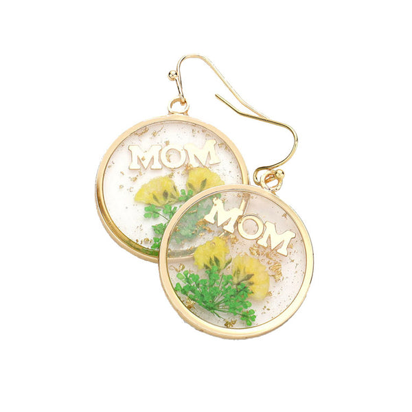 Yellow Pressed Flower Earrings, MOM Pressed Flower Clear Lucite Round Earring, delicately sweet adds a touch of nature-inspired beauty to your look. Show mom how much you love her, coordinates with any ensemble, the perfect addition to every outfit. Perfect Birthday Gift, Mother's Day Gift, Anniversary Gift, Thank you Gift, Just Because Gift