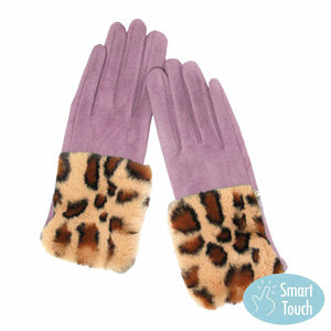 Mauve Leopard Patterned Faux Fur Cuff Accented Soft Suede Smart Gloves, gives your look so much eye-catching texture w cool design, a cozy feel, fashionable, attractive, cute looking in winter season, these warm accessories allow you to use your phones. Perfect Birthday Gift, Valentine's Day Gift, Anniversary Gift.