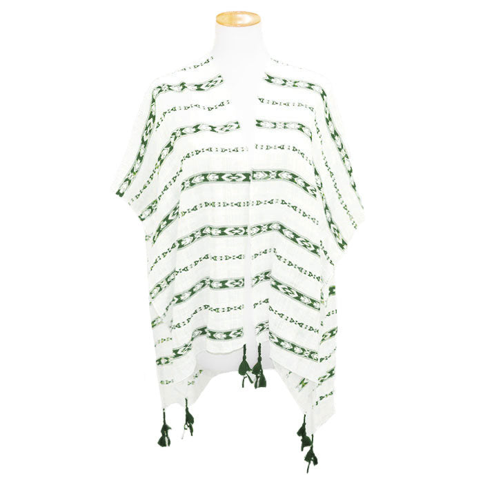 Mint Aztec Pattern Tassel Poncho, These Ponchos feature an Aztec pattern with a tassel design easy to pair with so many tops. Lightweight and Breathable Fabric, sophisticated, flattering, and Comfortable to Wear. The fashionable and stylish Aztec pattern design is great for year-round wear on any occasion from casual to formal. Look perfectly breezy and laid-back as you head to the beach. 