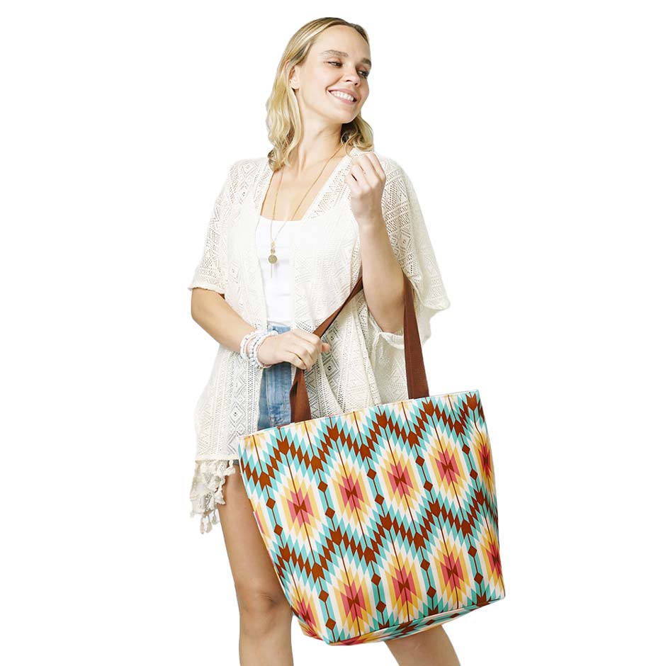Mint Aztec Patterned Beach Tote Bag, whether you're shopping, heading to the pool, or the beach, this aztec  patterned beach tote bag is the perfect accessory. Keep your essentials safe on the go while still having standout style, roomy enough to tote all your items for a day. It's a Perfect birthday gift, anniversary gift, Mother's Day gift, holiday getaway, or any other occasion.