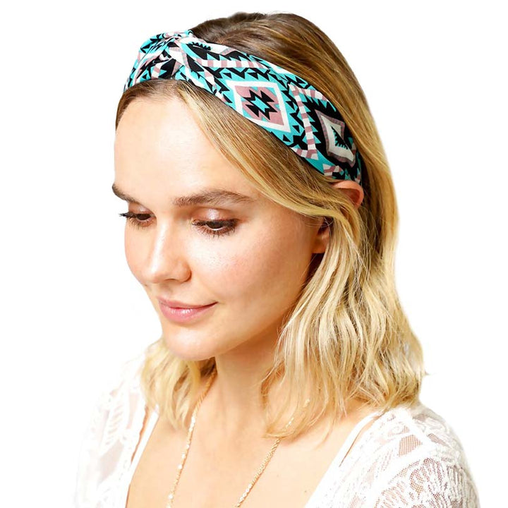 Mint Aztec Patterned Twisted Headband, Push your hair back and spice up any plain outfit with this twisted Aztec-patterned headband! Be the ultimate trendsetter & be prepared to receive compliments wearing this chic headband with all your stylish outfits! Add a super neat and trendy twist to any boring style. Perfect for everyday wear, special occasions, outdoor festivals, and more. Awesome gift idea for your loved one or yourself.