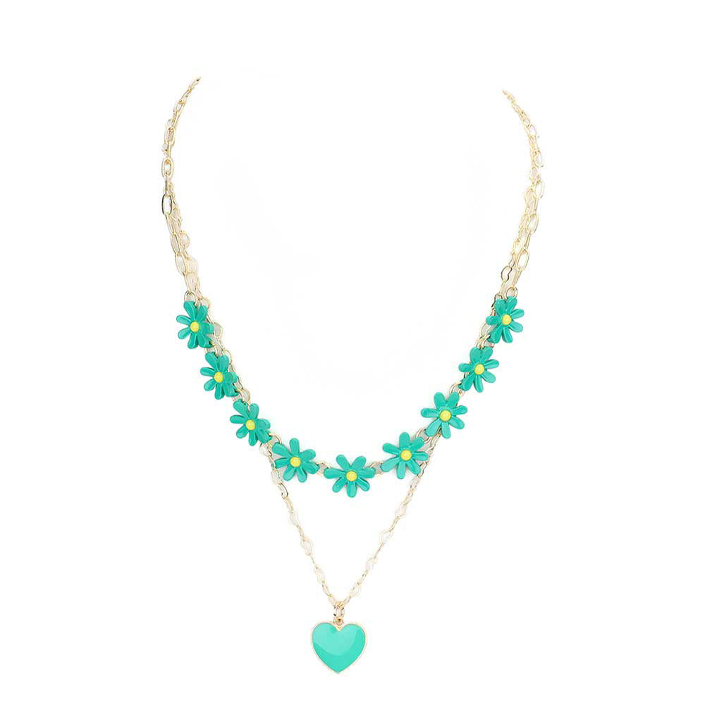 Mint Enamel Heart Pendant Flower Link Double Layered Necklace, Get ready with these beautiful statement Pendant necklace Double Layered will bring a lovely put on a pop of color to your look. Bright Enamel Heart and floral design will coordinate with any ensemble from business casual to everyday wear. The beautiful combination of Flower and Heart themed necklace are the perfect gift for the women in our lives who love flower.