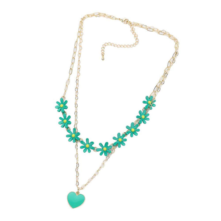 Mint Enamel Heart Pendant Flower Link Double Layered Necklace, Get ready with these beautiful statement Pendant necklace Double Layered will bring a lovely put on a pop of color to your look. Bright Enamel Heart and floral design will coordinate with any ensemble from business casual to everyday wear. The beautiful combination of Flower and Heart themed necklace are the perfect gift for the women in our lives who love flower.