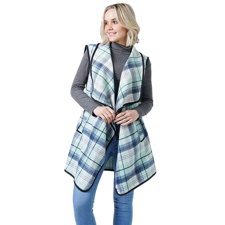 Mint Fashionable Plaid Check Vest With Pocket, the perfect accessory for boosting up your gorgeousness and confidence with comfort. It's a luxurious, trendy, super soft chic capelet that keeps you smarter, warm, and toasty. You can throw it on over so many pieces elevating any casual outfit! Perfect Gift for Wife, Mom, Birthday, Holiday, Christmas, Anniversary, Fun Night Out. Wherever you go, show your confidence with this fashionable vest.