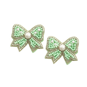 Mint Felt Back Pearl Seed Beaded Bow Earrings. perfect for the festive season, embrace the occasion spirit with these cute enamel Bow Earrings, these sweet delicate gift earrings are sure to bring a smile to your face. Surprise your loved ones on beautiful occasion. Great gift idea for Wife, Mom, or your Loving One.