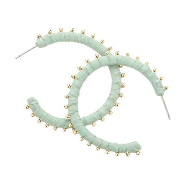 Mint Metal Ball Trimmed Raffia Wrapped Hoop Earrings, enhance your attire with these beautiful raffia earrings to show off your fun trendsetting style. Get a pair as a gift to express your love for any woman person or for just for you on birthdays, Mother‚Äö√Ñ√¥s Day, Anniversary, Holiday, Christmas, Parties, etc.