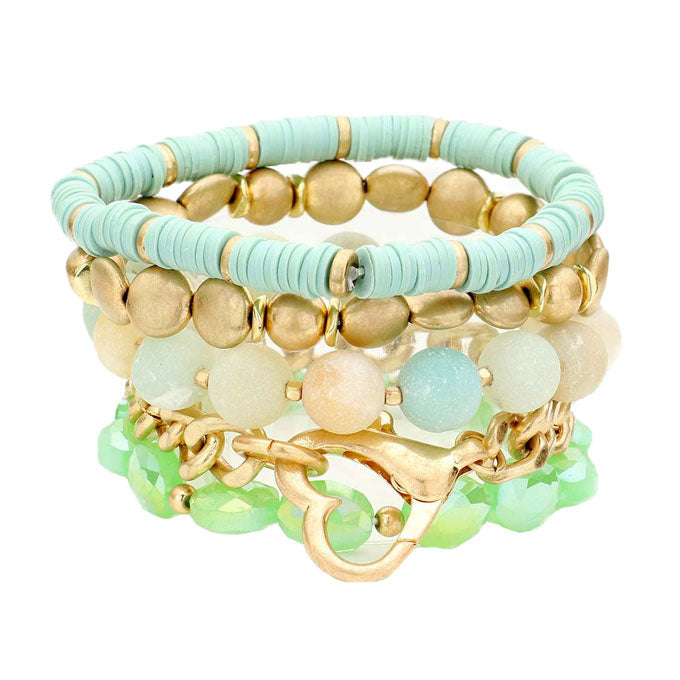 Mint Metal Heart Heishi Natural Stone Stretch Bracelets. Beautifully crafted design adds a gorgeous glow to any outfit. Jewelry that fits your lifestyle! Perfect Birthday Gift, Valentine's Gift, Anniversary Gift, Mother's Day Gift, Anniversary Gift, Graduation Gift, Prom Jewelry, Just Because Gift, Thank you Gift.