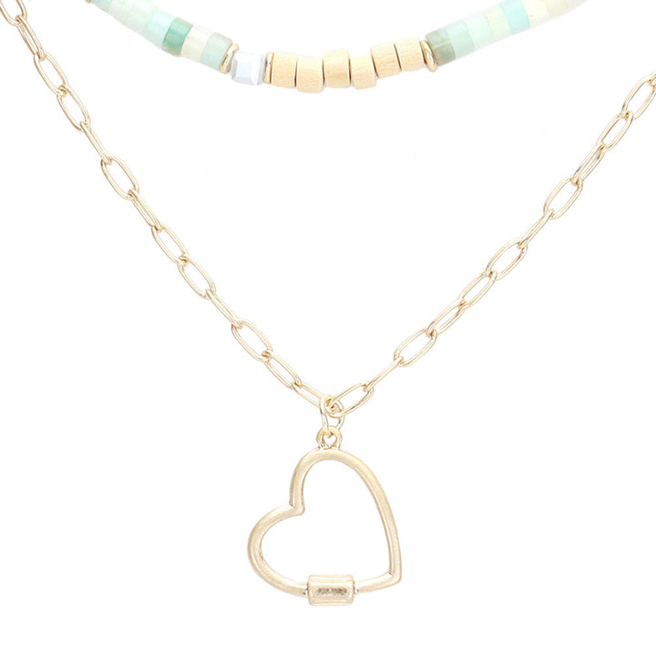 Mint Metal Heart Pendant Wood Natural Stone Double Layered Necklace. Beautifully crafted design adds a gorgeous glow to any outfit. Add something special to your outfit this Valentine! Perfect Birthday Gift, Anniversary Gift, Mother's Day Gift, Anniversary Gift, Graduation Gift, Prom Jewelry, Valentine's Day Gift.