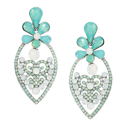 Mint White Opal Rhodium Crystal Rhinestone Flower Heart Evening Earrings. Get ready with these bright earrings, put on a pop of color to complete your ensemble. Perfect for adding just the right amount of shimmer & shine and a touch of class to special events. Perfect Birthday Gift, Anniversary Gift, Mother's Day Gift, Graduation Gift.
