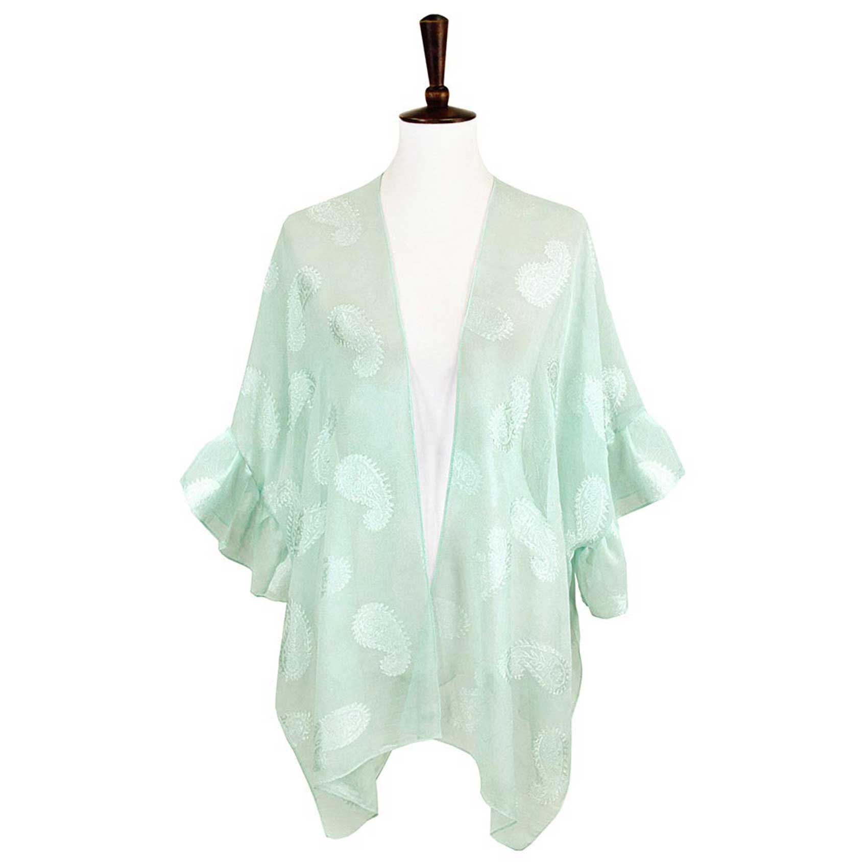 Mint Paisley Patterned Sheer Ruffle Sleeves Cover Up Kimono Poncho, The lightweight Kimono poncho top is made of soft and breathable Polyester material. short sleeve swimsuit cover up with open front design, simple basic style, easy to put on and down. Perfect Gift for Wife, Mom, Birthday, Holiday, Anniversary, Fun Night O
