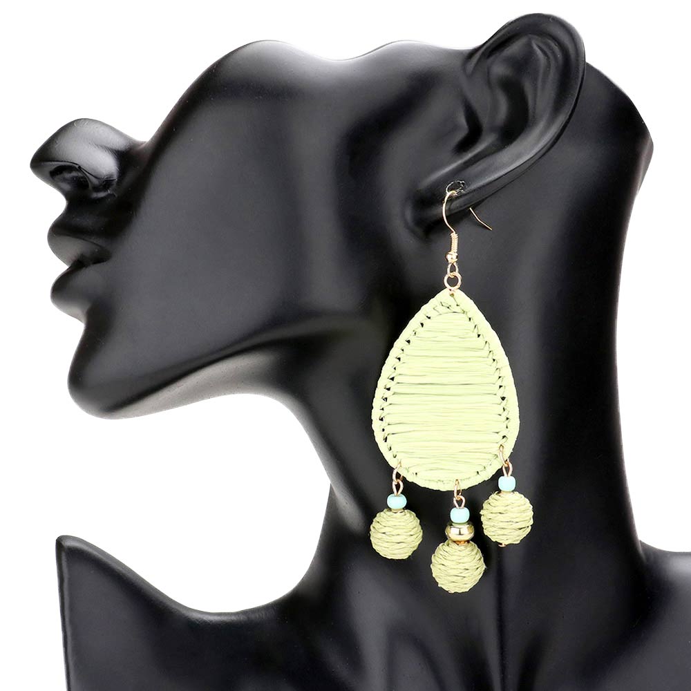 Mint Raffia Wrapped Teardrop Triple Ball Link Dangle Earrings, enhance your attire with these beautiful raffia-wrapped teardrop earrings to show off your fun trendsetting style. Can be worn with any daily wear such as shirts, dresses, T-shirts, etc. These triple-ball link dangle earrings will garner compliments all day long. 